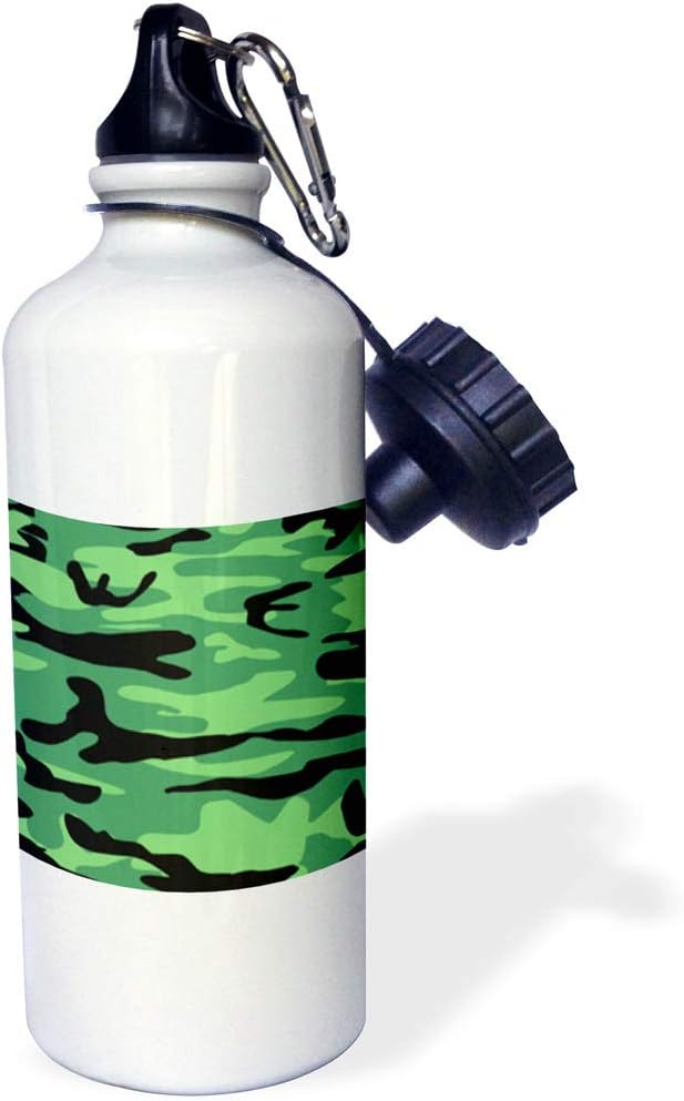 3dRose "Bright forest green army print camo-macho stealth blend patches soldier uniform camouflage texture" Sports Water Bottle, 21 oz, White