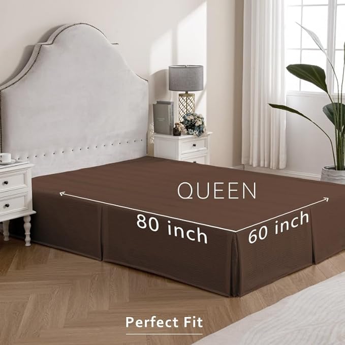 MIYE Pleated Waffle Weave Bed Skirt, Tailored Dust Ruffle 16 Inch Drop Easy Fit, Machine Washable (Brown, Queen - 16" Drop)