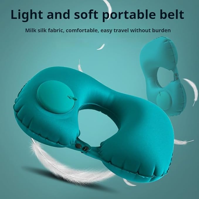 Travel Neck Pillow, Peacock Green, Inflatable U-Shaped, Velvet Exterior, Portable, Lightweight, 18.1 x 10.8 inches