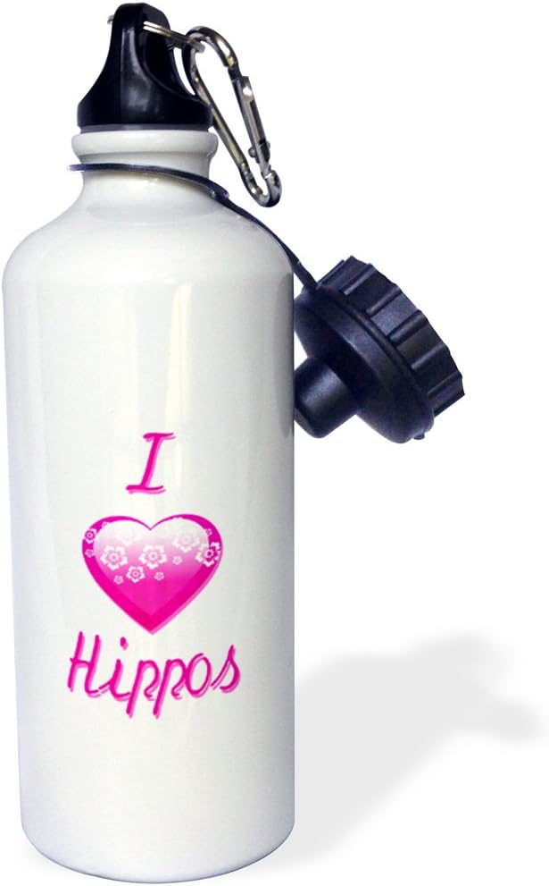 3dRose Pretty Pink Flowery I Love Hippos Sports Water Bottle, 21 oz, White