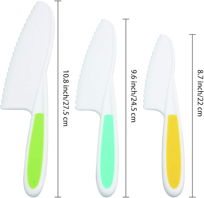 Set of 3 Kitchen Knives for Kids, Non Slip Nylon Kitchen Baking Knife Children Cooking Chef Knives with Safe Serrated Blade for Vegetables, Fruits, Salad, Cake (3 Sizes/Random Colors)
