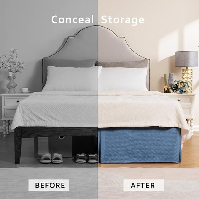 MIYE Pleated Waffle Weave Bed Skirt, Tailored Dust Ruffle 14 Inch Drop Easy Fit, Machine Washable (Blue,Cal King - 14" Drop)