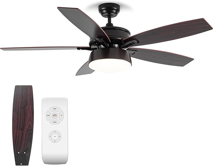 Ceiling Fans with Lights, 52 inch Ceiling Fan with Light and Remote Control, Reversible Flush Mount Ceiling Fan, Dimmable 5 Blades Low Profile Ceiling Fan for Living Room Bedroom