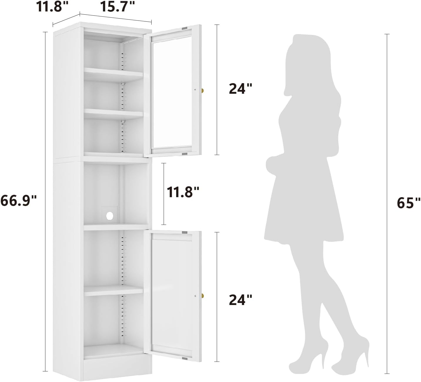 67" Tall Bathroom Storage Cabinet, Narrow Metal Floor Cabinet with Glass Door and Adjustable Shelves, Freestanding Metal Locker for Laundry, Kitchen, Dining Room