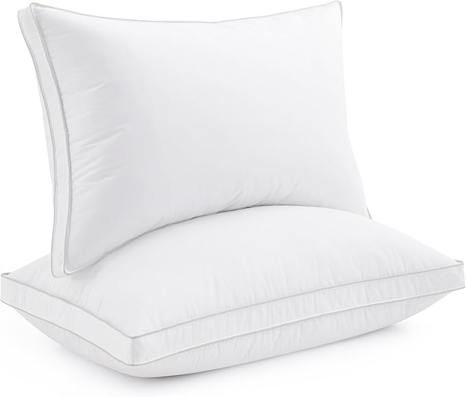 puredown® Feather Pillows with 100% Cotton Cover, Set of 2 Gusseted Bed Pillows with Silver Piping for Sleeping, Standard Size