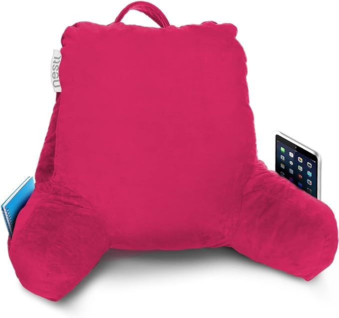 Nestl Reading Pillow Standard Bed Pillow, Back Pillow for Sitting in Bed Shredded Memory Foam Chair Pillow, Reading & Bed Rest Pillows Hot Pink Back Pillow for Bed, Bed Chair Arm Pillow with Pockets