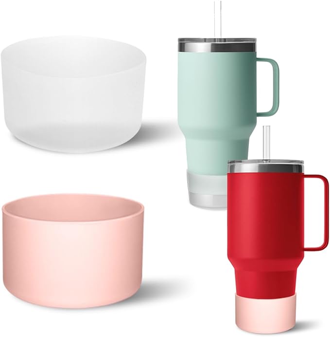 2 PCS Silicone Protective Boot for Yeti Rambler 20oz/25oz/30oz/35oz Tumbler, Anti-Slip Protective Silicone Water Bottle Bottom Boot Sleeve Cover for Yeti Tumbler [Pink+Transparent]