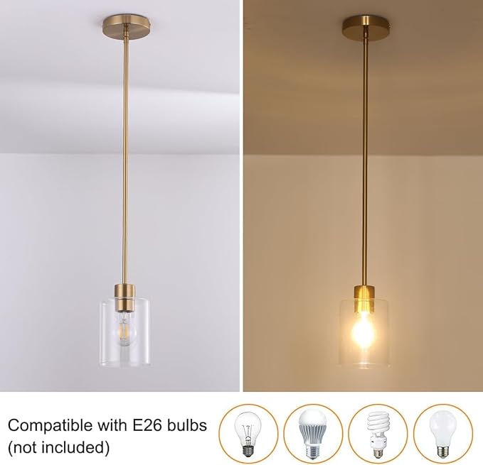 Brass Pendant Lights Kitchen Island - Gold Clear Glass Pendant Light Fixture Multiple Stems Rods 3 Units 12 Inch 3 Units 4 Inch (3 Pack Brass)