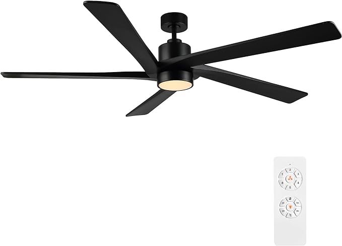 WINGBO 54" DC Ceiling Fan with Lights, 5 Carved Solid Wood Blades, 6-Speed Reversible DC Motor, Matte Black Finish Ceiling Fan with Remote, Black