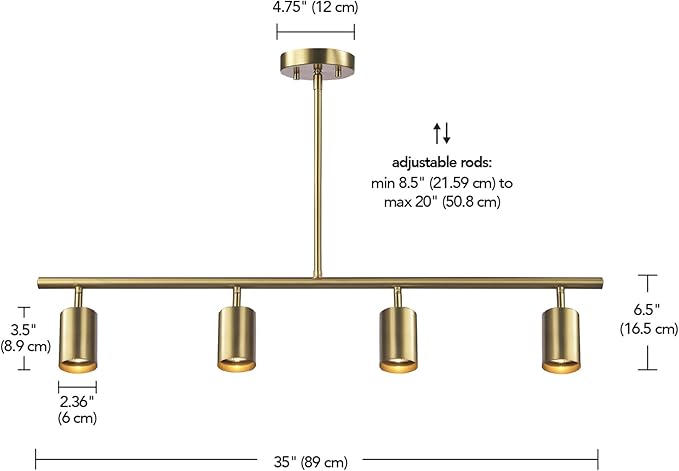 Globe Electric 64000094 35" 4-Light Adjustable Height Track Lighting, Matte Brass, Pivot Shades, Ceiling Lamp for Bedroom, Kitchen, Hallway, Bathroom, Den, Dining Room, Home Décor
