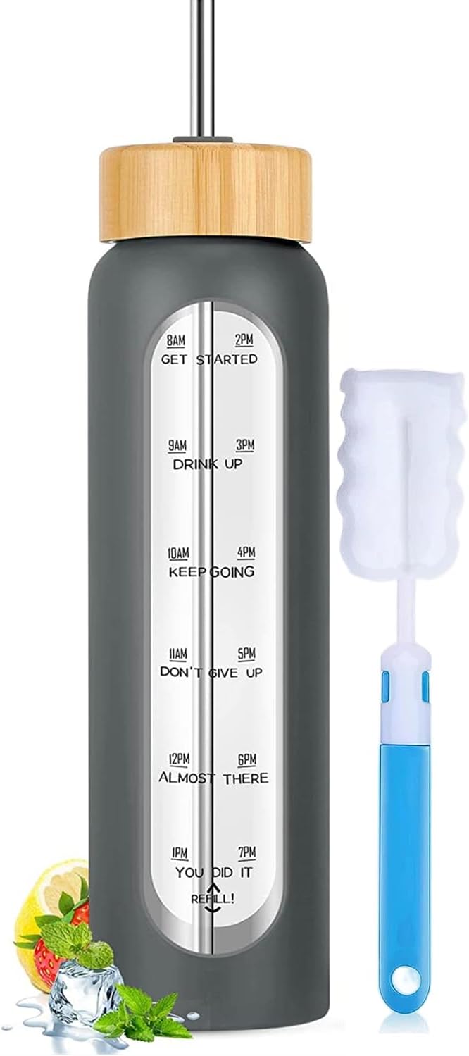 32 oz Glass Water Bottles with Straw - Motivational Glass Water Bottle with Time Marker & Silicone Sleeve(grey)