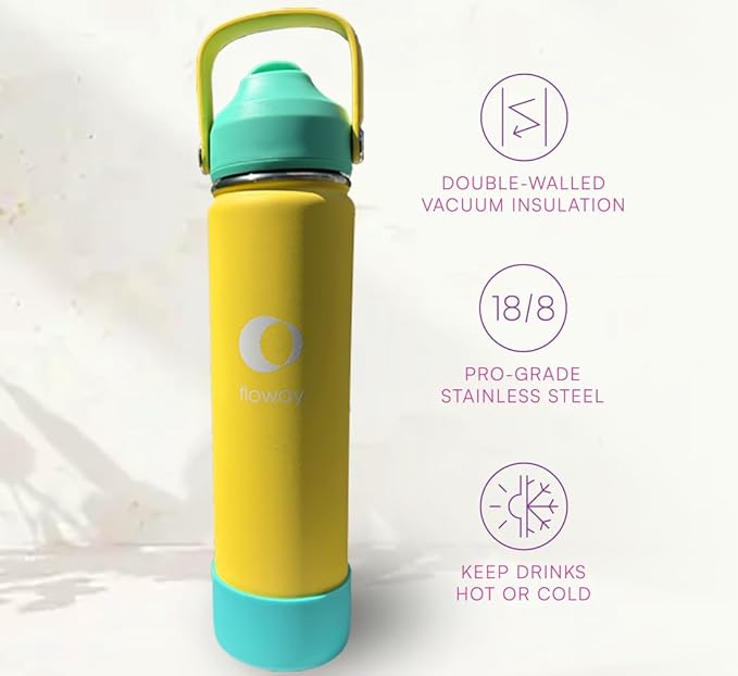 24oz Stainless Steel Vacuum Insulated Water Bottle with Straw Lid and Cleaning Brush, BPA Free, Leakproof, Temp Control, for Hot and Cold Drinks (Vibrant Lemon, 24oz)