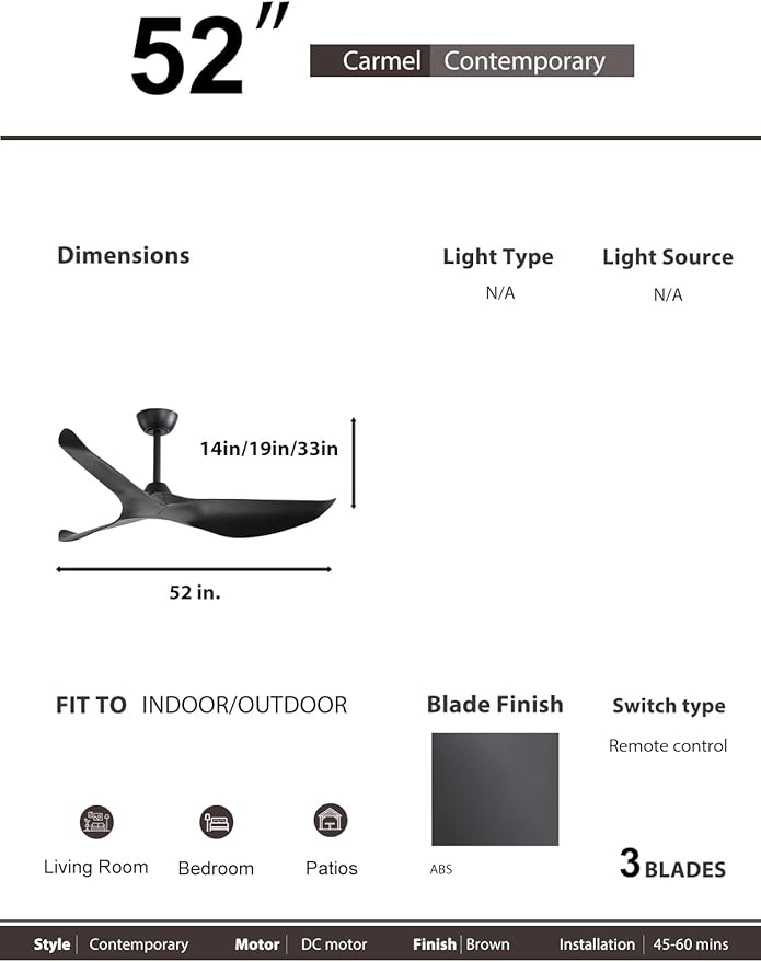 Sofucor 52" Ceiling Fan no Light and Remote Control, Modern Ceiling Fan Without Light, Indoor Outdoor Ceiling Fan with Reversible Motor, 6 Speeds, Black
