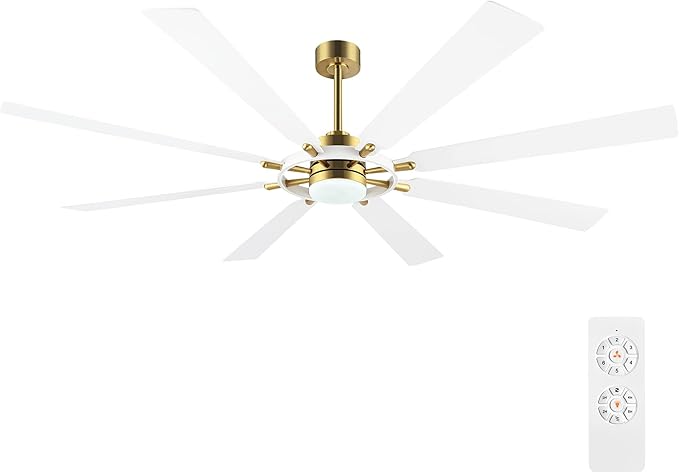 80" Ceiling Fan with Lights and Remote Control, Wood 8 Blades 6-Speed Noiseless Reversible DC Motor, 3 Downrods, Modern Large Ceiling Fan for Bedroom Dining Living Room, Gold Finish+White