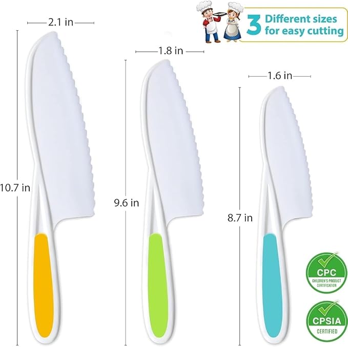 Joyo Jr. Knives for Kids 3-Piece Kitchen Cooking and Baking Knife Set: Children's Cooking Knives in 3 Sizes & Colors/Firm Grip, Serrated Edges, BPA-Free Kids' Knives (colors vary)