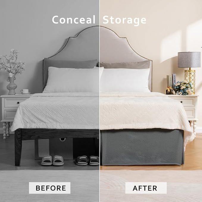 MIYE Pleated Waffle Weave Bed Skirt, Tailored Dust Ruffle 12 Inch Drop Easy Fit, Machine Washable (Dark Grey, TwinXL - 12" Drop)