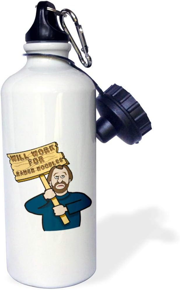 3dRose "Funny Humorous Man Guy With A Sign Will Work For Ramen Noodles" Sports Water Bottle, 21 oz, White