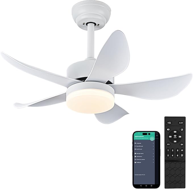 Ceiling Fans with Lights,Modern Dimmable LED Ceiling Fan,32" White Low Profile Ceiling Fan with Light Small Ceiling Fan for Bedroom Kitchen Patio Outdoor,3 Color Changing,Reversible