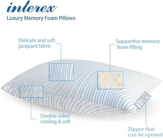 Shredded Memory Foam Pillows Standard Size Set of 2, Cooling Pillows for Sleeping That Stay Cold, Adjustable Firm Pillow for Side Back Stomach Sleepers with Washable Removable Cover