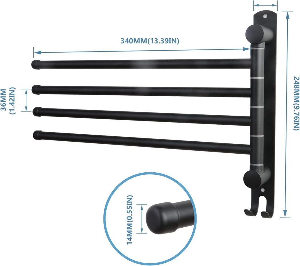 Black Towel Rack JSVER Swivel Towel Rack Wall Mounted, SUS304 Stainless Steel Towel Bar, 4 Arms Space Saving Towel Holder, Towel Racks for Bathroom