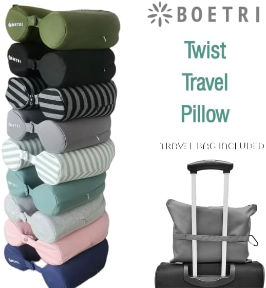Twist Memory Foam Travel Pillow - Cotton Cover - Travel Bag Included - Adjustable, Bendable Pillow for Neck, Head, Chin, Lumbar and Leg Support (Black)