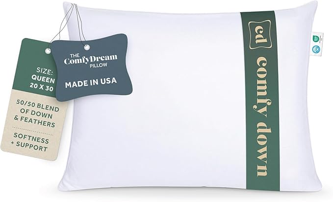 ComfyDown 50/50 Down Feather Blend ComfyDream Bed Pillow for Sleeping, Egyptian Cotton Cover, Made in USA, Queen Size (Queen)