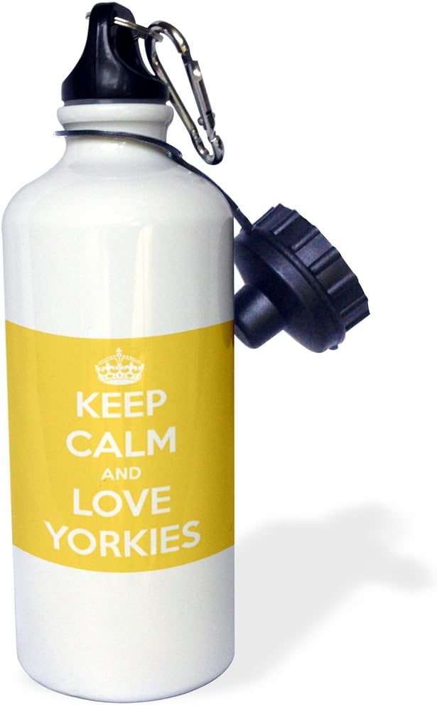 3dRose Keep Calm and Love Yorkies, Yellow Sports Water Bottle, 21 oz, White