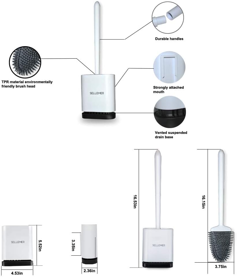 Sellemer Toilet Brush and Holder Set for Bathroom, Flexible Toilet Bowl Brush Head with Silicone Bristles, Compact Size for Storage and Organization, Ventilation Slots Base (2 Pack, White)
