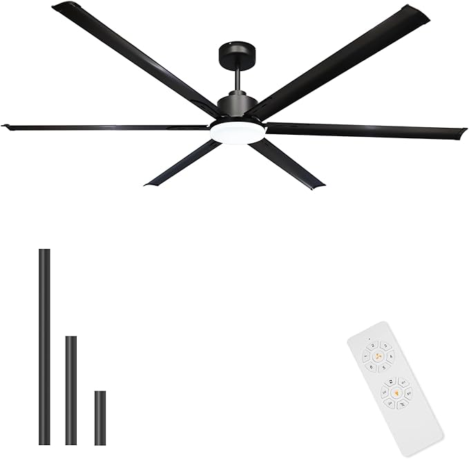 GESUM 84 Inch Ceiling Fans with Light, Industrial Ceiling Fan with 6 Aluminum Blades, Reversible, 6-Speeds, Large Ceiling Fan for Porch/Garage/Shop (Black)