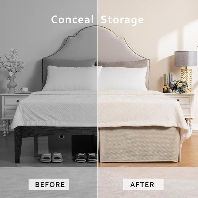 MIYE Pleated Waffle Weave Bed Skirt, Tailored Dust Ruffle 12 Inch Drop Easy Fit, Machine Washable (Navy Blue, Full - 12" Drop)