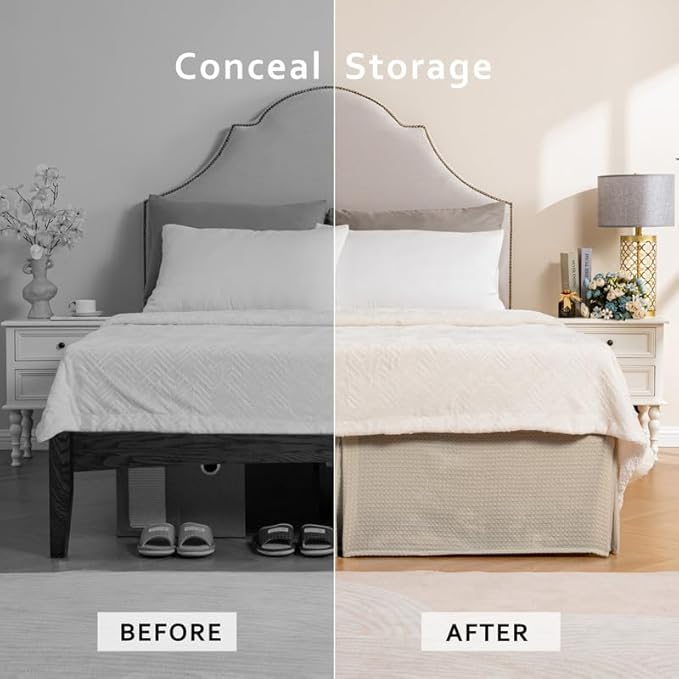 MIYE Pleated Waffle Weave Bed Skirt, Tailored Dust Ruffle 14 Inch Drop Easy Fit, Machine Washable (Cream, Full - 14" Drop)