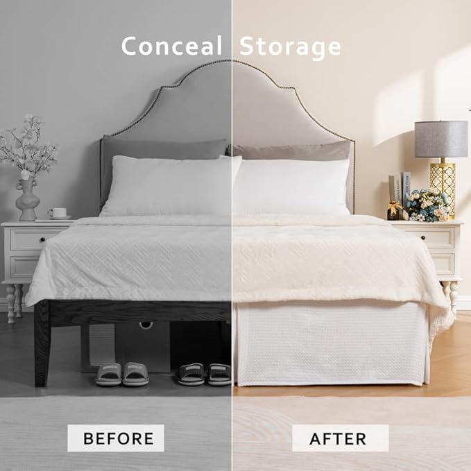 MIYE Pleated Waffle Weave Bed Skirt, Tailored Dust Ruffle 14 Inch Drop Easy Fit, Machine Washable (White, Full - 14" Drop)