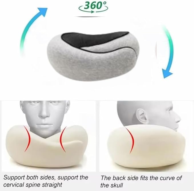 Memory Foam Neck Pillow for Travel, Adjustable Velcro Strap, Durable and Easy to Clean.Reduces Pressure Points and Promotes Better Alignment, Helping Prevent Neck Pain (Light Grey).