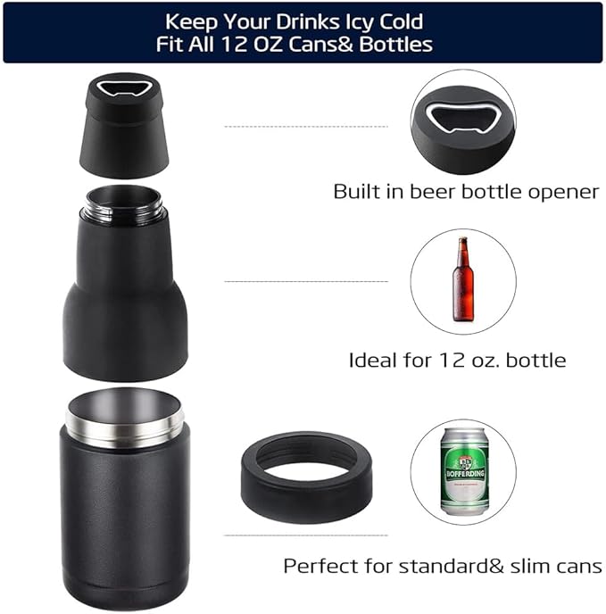 3 in 1 Beer Bottle and Can Cooler, Vacuum Insulated Double Walled Stainless Steel Cooler with Beer Opener, 12 oz Slim Can Insulator Holder (White)