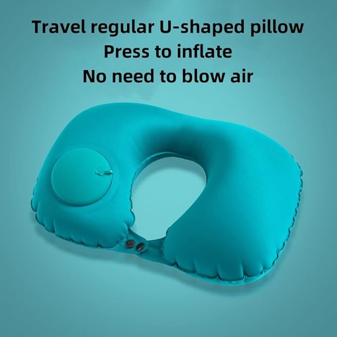 Travel Neck Pillow, Peacock Green, Inflatable U-Shaped, Velvet Exterior, Portable, Lightweight, 18.1 x 10.8 inches