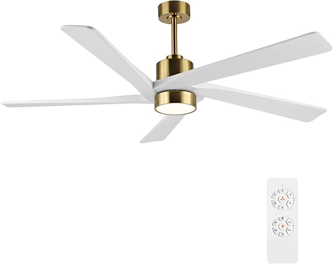 WINGBO 72 Inch DC Ceiling Fan with Lights and 3 Downrods, 5 Reversible Carved Wood Blades, 6-Speed Noiseless DC Motor, Large Ceiling Fan in Brass Finish with White Blades, ETL Listed