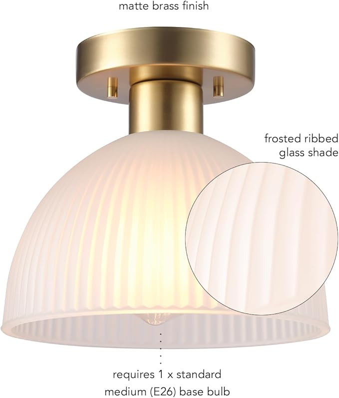 Globe Electric 1-Light Semi-Flush Mount Ceiling Light, Matte Brass, Frosted Ribbed Glass Shade, Home Improvement, Dining Room, Kitchen