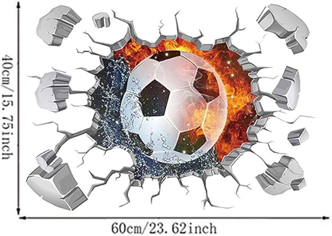 3D Soccer Wall Stickers Removable Soccer Wall Decals for Boys Break Through The Wall Vinyl Football Soccer Wall Stickers Murals Vinyls Decals for Teenager Room Playroom Decor (T0188)