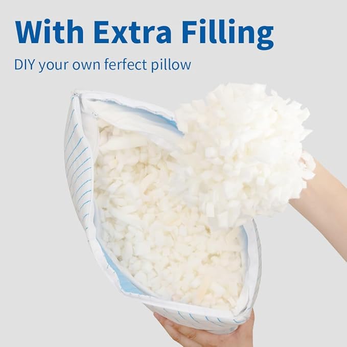 Shredded Memory Foam Pillows Standard Size Set of 2, Cooling Pillows for Sleeping That Stay Cold, Adjustable Firm Pillow for Side Back Stomach Sleepers with Washable Removable Cover