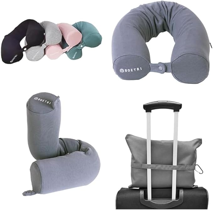 Twist Memory Foam Travel Pillow - Cotton Cover - Travel Bag Included - Adjustable, Bendable Pillow for Neck, Head, Chin, Lumbar and Leg Support (Dark Gray)