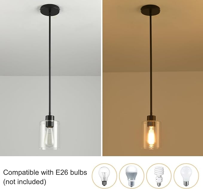 Black Pendant Lights Kitchen Island,Modern Farmhouse Glass Pendant Light,Light Fixture Kitchen Pendant Mini Hanging Light Fixture for Sink (1 Pack Black stem Rod)