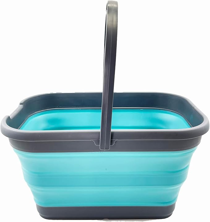 SAMMART 12L (3.1 Gallon) Collapsible Rectangular Handy Bucket/Multiuse Foldable Water Pail for Camping, Fishing (Grey/Crystal Blue)