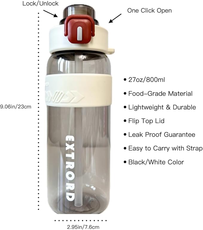 27oz Leak-Proof Water Bottle with Flip Top, 800ml BPA Free Reusable Plastic Drinking Bottle for Gym & Outdoor (White)