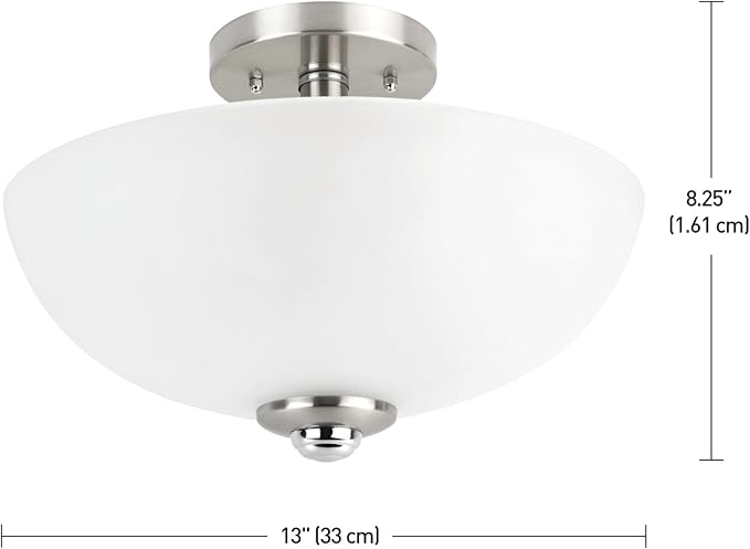 Globe Electric 63357 2-Light Semi-Flush Mount Ceiling Light, Brushed Nickel, Chrome Accents, Frosted Glass Shade, Kitchen, Lights, Bathroom, Home Essentials, Bedroom, Closet Light, Lighting Fixtures
