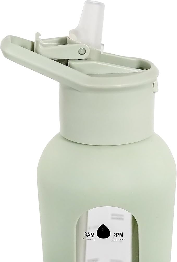 24oz Glass Motivational Water Bottle with Flip Lid Straw, Silicone Protective Sleeve, Handle, Reusable BPA Free (Sage Green)