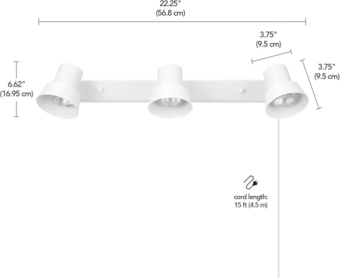 Globe Electric 64000116 22" 3-Light Plug-in Track Lighting, Matte White, Pivoting Track Heads, 15-Foot Cord, in-Line on/Off Rocker Switch