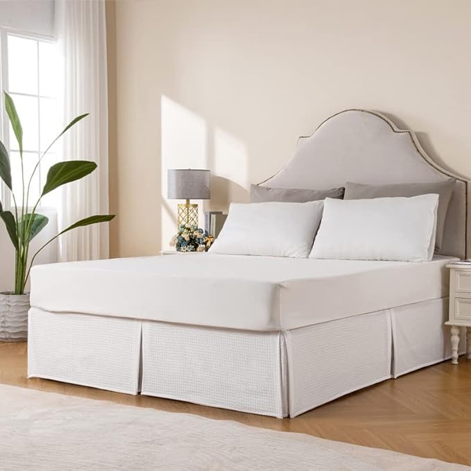 MIYE Pleated Waffle Weave Bed Skirt, Tailored Dust Ruffle 18 Inch Drop Easy Fit, Machine Washable (White, Full - 18" Drop)