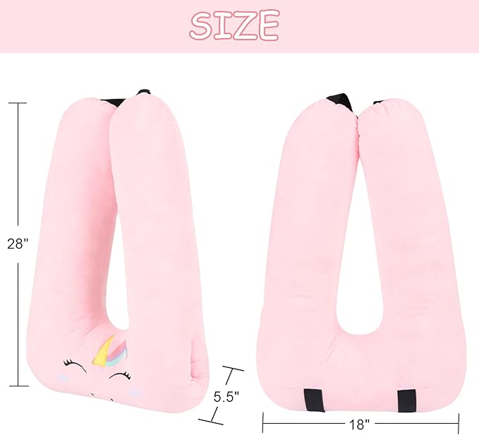 Kids Travel Pillow for Car Seat with Hand Muff, Soft Neck & Headrest Pillow for Car Road Trips Long-Distance Travel Sleeping Pillow for Adults and Children, Pink Unicorn