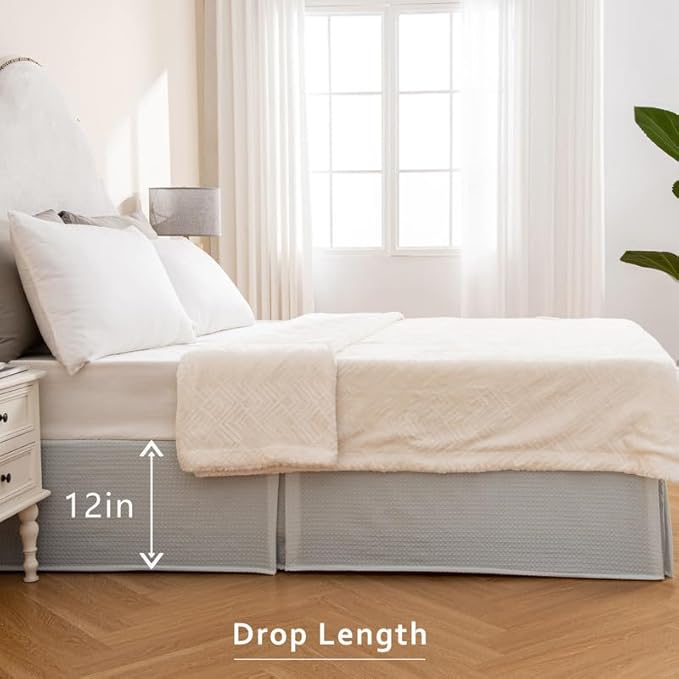 MIYE Pleated Waffle Weave Bed Skirt, Tailored Dust Ruffle 12 Inch Drop Easy Fit, Machine Washable (Light Grey, Queen - 12" Drop)
