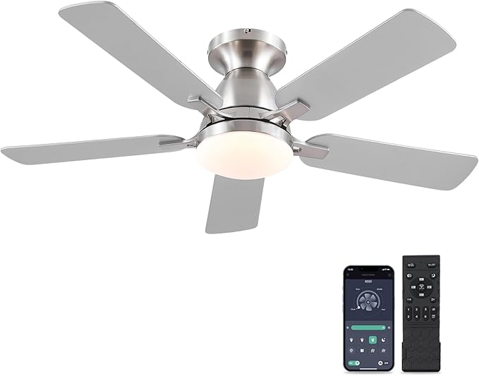 Ceiling Fans with Lights and Remote/APP Control,46" Flush Mount Ceiling Fan Dimmable DC Motor，Low Profile Ceiling Fan for Bedroom,Living Room,Brushed Nickel